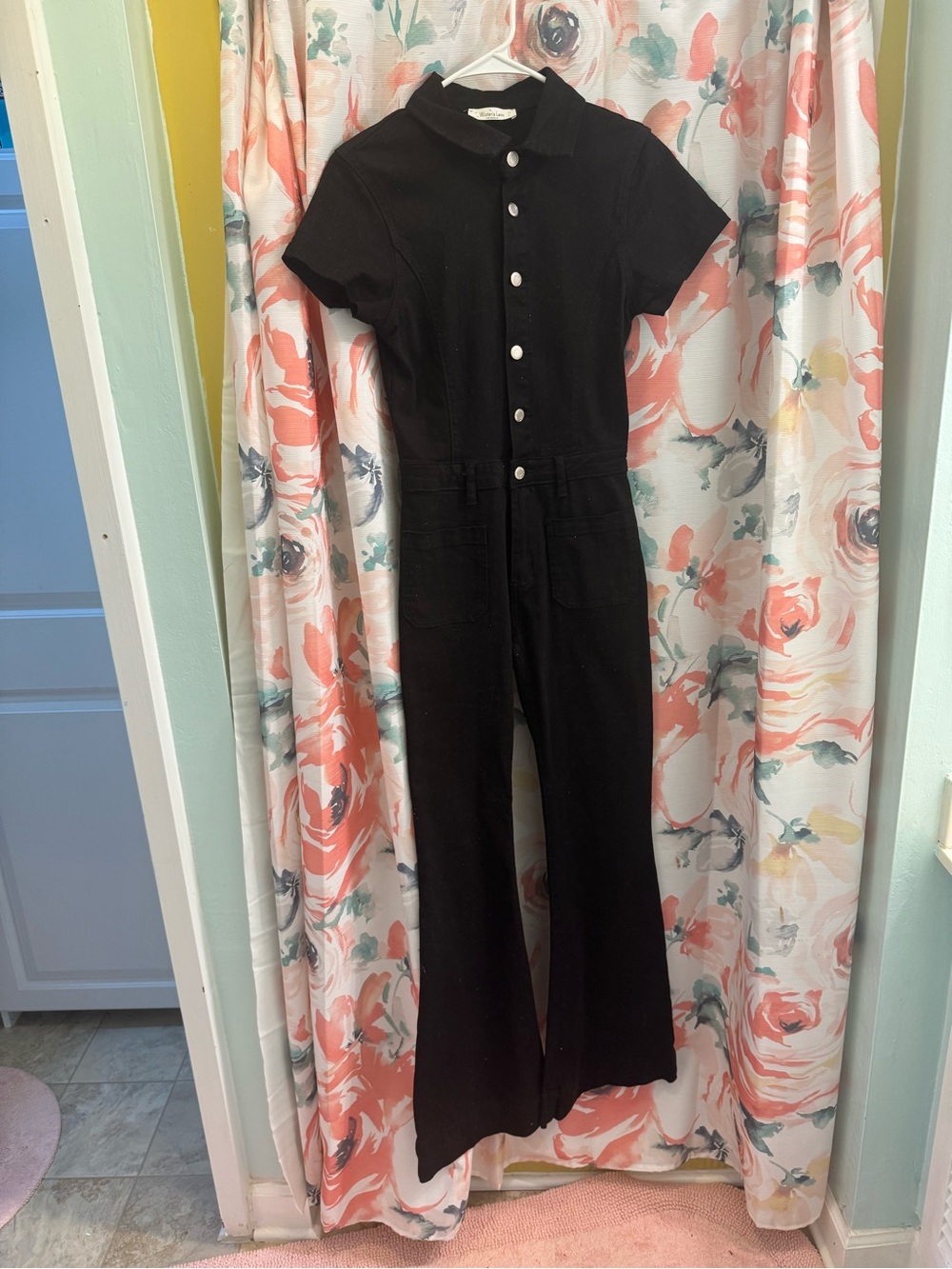 Black Short-Sleeve Button-Front Cotton Jumpsuit